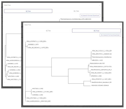 BLAST 결과를 기반으로 생성된 NJ, ML 계통수 팝업