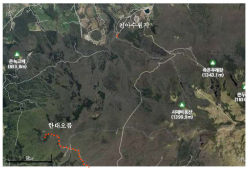 조사지: 제주도 한라산 일대(천아수원지, 한대오름) (출처:국토정보지리원)