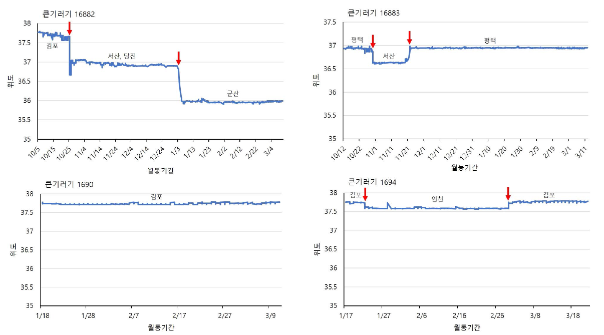 큰기러기 개체별 국내 월동기간 위도 변화