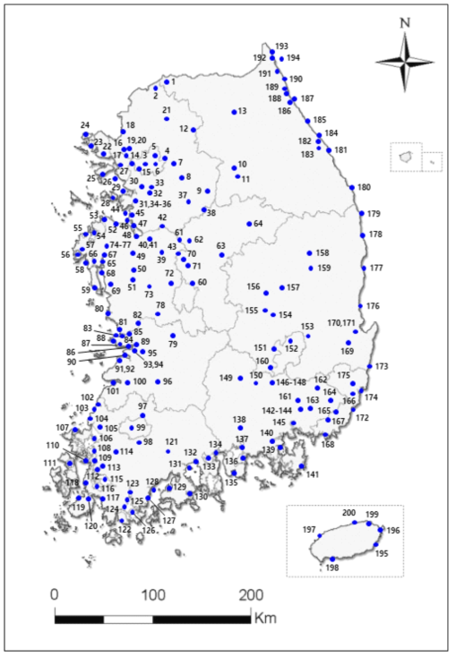 2021년 겨울철 조류 동시 센서스 조사지역(200개소)