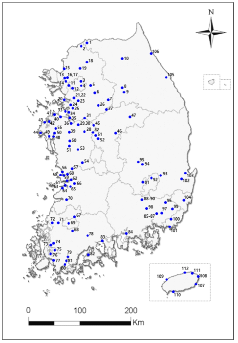 겨울철새 서식현황 조사지역(112개소)