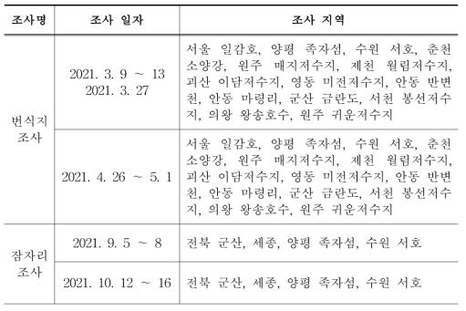 민물가마우지 번식지 및 잠자리 조사시기 및 조사지역