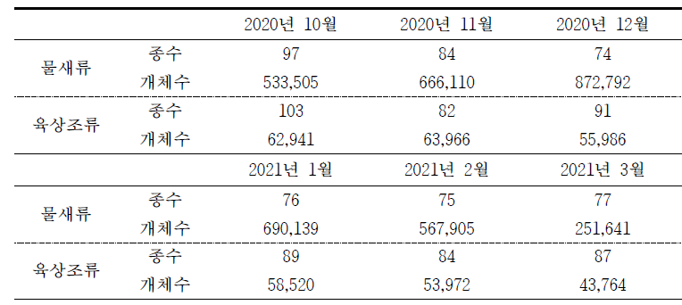 2020～2021년 동계 물새류와 육상조류의 종수 및 개체수