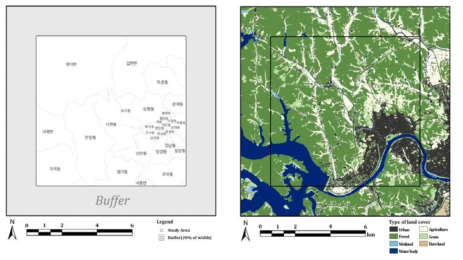 대상지역 및 버퍼구간과 분석영역의 토지피복유형 지도