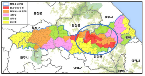 기관별특별수색책임구역(국립생물자원관수색지역파란색원 : 평창, 정선)