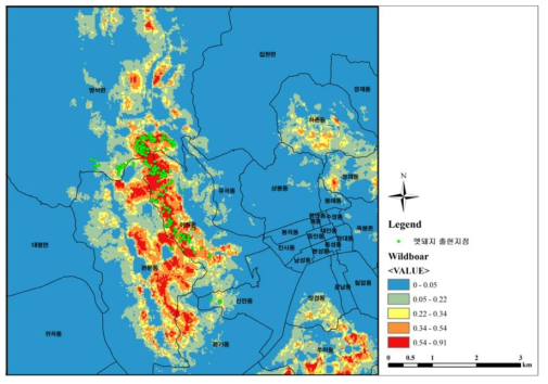 멧돼지 잠재서식지 분포 예측 결과 * 참고용: Maximum training sensitivity plus specificity : Logistic threshold(0.224)