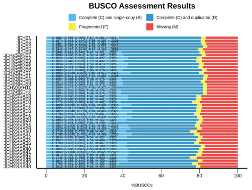 45개체의 전체 transcripts에 대한 BUSCO의 Completeness 요약