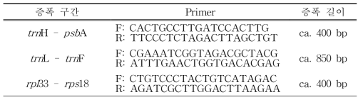 선제비꽃 집단 분석에 사용된 3개 엽록체DNA 구간