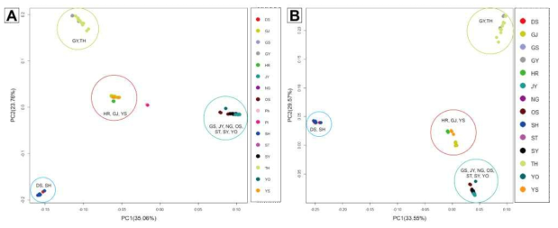 SNP 유전 마커를 이용한 황근 집단의 PCA 분석 결과(A. 근연종, 명아주여뀌, 여뀌 개체를 각 1 개씩 포함하여 분석한 결과. B. 근연종 두 개체를 제외한 결과. 각 집단의 명칭 및 위치는 표 36 와 일치함)
