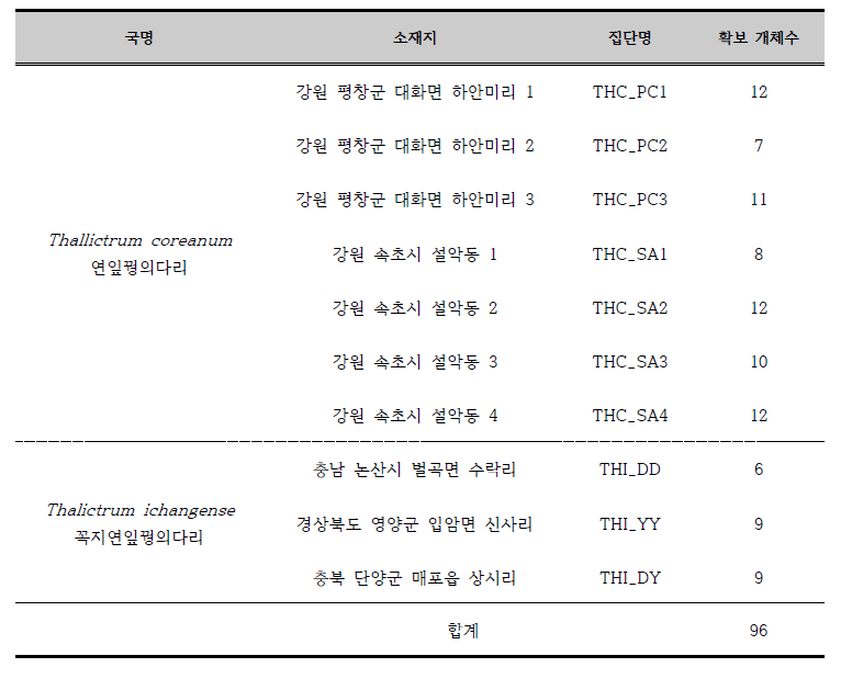 연잎꿩의다리 및 꼭지연잎꿩의다리 집단별 개체수