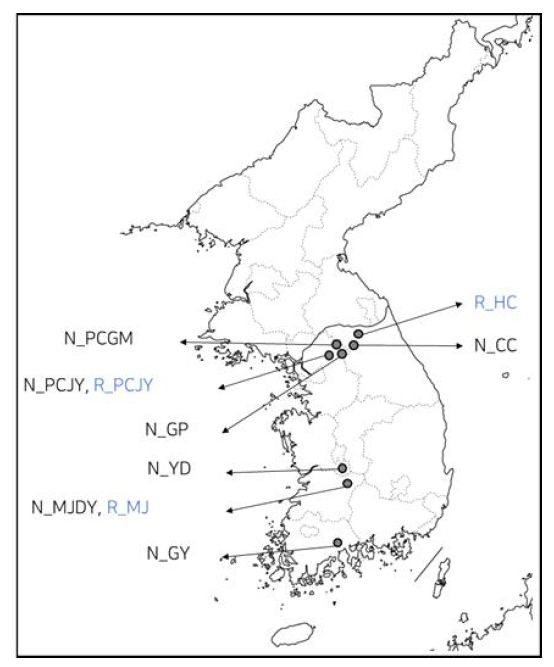 채집된 광릉요강꽃(Cypripedium japonicum)의 남한지역 분포도