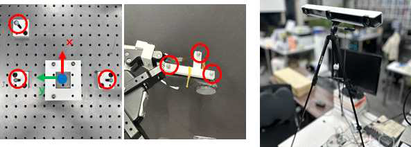 Experimental setup for the pose estimation. (Left) Six markers were attached to the base of the robot environment and gripper for the estimation of reference and gripper frames. (Right) V120 : TRIO was used for the estimation of reference and gripper frames to get the pose values