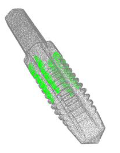 Illustration of the best pose estimation result (Class 10, Shank Tap). (Green) Extracted point cloud from the tactile sensors. (Black) Sampled point cloud from Class 10 CAD models