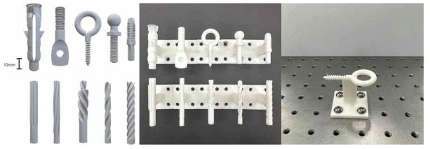 Ten objects used in this paper. (Left) Ten objects sampled from CAD models, which are available on McMaster-Carr [21]. (Middle) 3D printed objects that used for real world experiments. (Right) 3D printed object is fixed to the base of environments