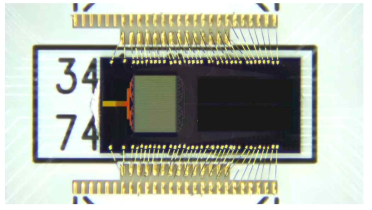 metal PCB에 expoxy bonding과 wire bonding을 이용하여 패키징된 실리콘 광학칩 사진