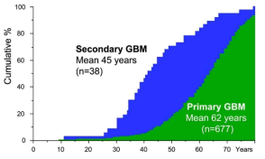primary, secondary GBM 발생 평균 나이. “Hiroko Ohgaki, Paul Kleihues et al.2007 ”