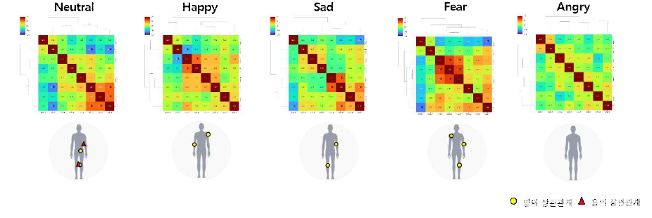 8개 관절 센서 데이터를 분석한 결과. 스피어만 상관 분석을 통한 각 감정별 8개 노드간의 각도 히트맵 (heatmap)과 상관관게를 보인 주요 관절들의 관계