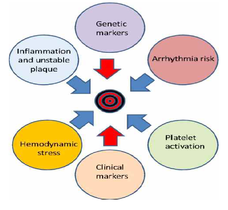 다양한 변수에 영향을 받는 급성 심장사. 급성 심장사는 관상동맥의 협착을 대표적인 위험 인자로 하지만, 기타 부정맥, 혈소판 활성, 혈관 염증 및 당뇨증 다양한 인자가 복합적으로 작용하는 것이 잘 알려져 있음