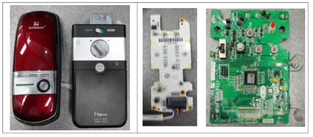 연구에 사용된 전자도어락의 내부와 외부 모듈(좌) 및 각 모듈의 분해 모습(우)