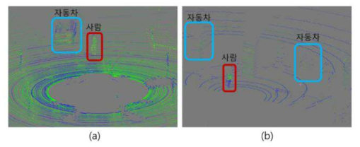 3차원 포인트 클라우드 영상((a): HDL-64E, (b): Puck-Lite)