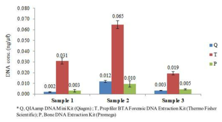 유해(대퇴골) 시료에 대한 키트별 DNA 농도 및 STR profiling 결과