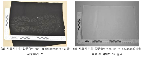 검은색 의류에 유류된 족흔적에 대해 치오시안화 칼륨(Potassium thiocyanate)법을 적용하기 전, 후 사진