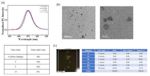 ZnS 전구체 (zinc acetate 및 sulfur)를 첨가하여 120 ℃에서 10분 동안 반응시켜 얻어낸 페로브 스카이트 나노결정. (a) PL, (b) TEM 이미지, (c) EDS 결과