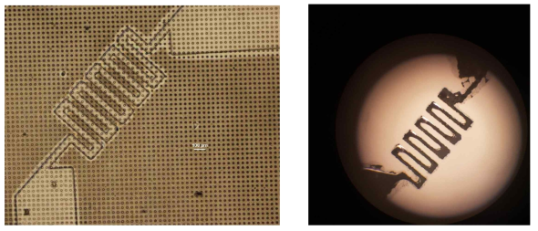 스프레이 패터닝용 계층 마스크(좌)와 이를 사용하여 제작된 액체금속 패턴(우, 선폭 < 100um)