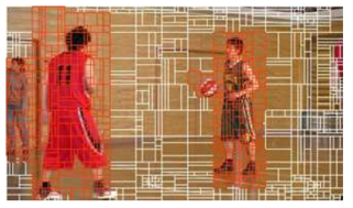 BasketballPass의 첫 번째 프레임에서의 CU 분할 (붉은색 선: 사물이 인식된 블록, 하얀색 선: 배경 또는 사물이 인식되지 않은 블록)