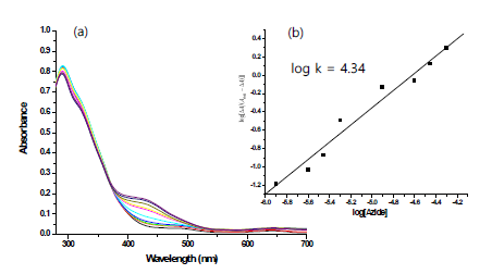[Cu(II)(bebp)]2ClO4 + NaN3 용액의 UV/Vis 흡수스펙트럼 변화 (b) Hill plot