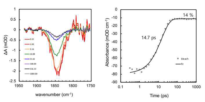 Ru(NO)(salophen)의 시간에 따른 (a) IR 스펙트럼 (b) NO 신축 진동 신호 세기 변화