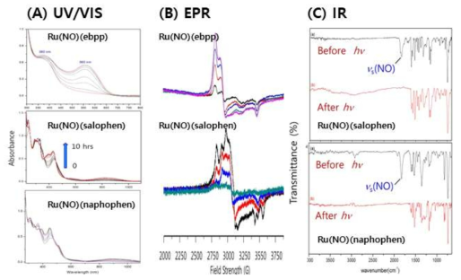 Ru-NO 착화합물에 빛을 쪼였을 때 나타나는 UV/VIS. EPR. IR 스펙트럼의 변화