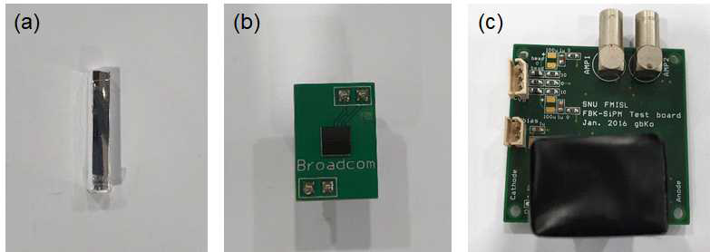 (a) LGSO 섬광결정, (b) SiPM (4 × 4 mm2), (c) 전단회로와 결합한 모습