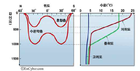 위도별 해양 내부의 수온변화