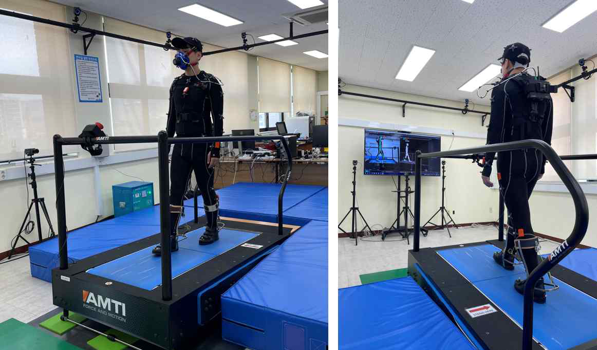 시스템 검증실험을 위한 instrumented treadmill 시스템 및 호흡기 시스템 이용 실험 장면