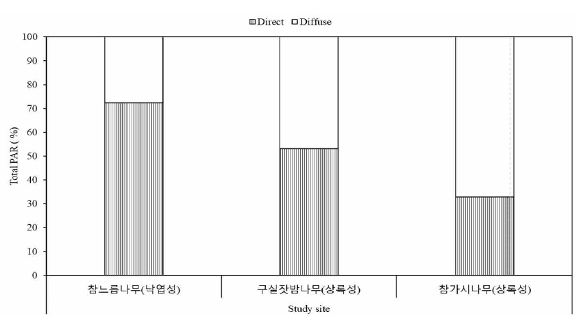 제주고사리삼 서식지의 직사광량 및 산란광량 비율