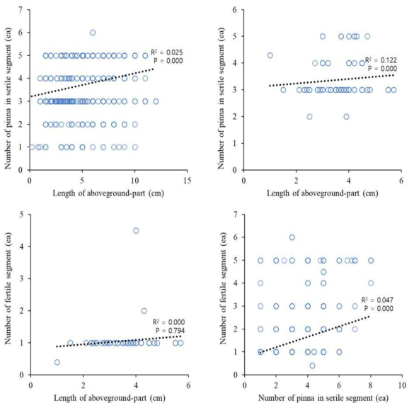 비번식 개체(왼쪽 위)와 번식개체(오른쪽 위, 왼쪽 및 오른쪽 아래)에서 지상부길이와 영양엽의 소우편 수 그리고 포자엽의 수들간의 회귀분석. R2과 p는 결정계수와 유의미한 차이를 의미한다