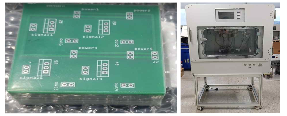 온도제어 시스템 통합화(PCB 제작, 좌)와 완성된 바이오 3D 프린터의 실사(우)