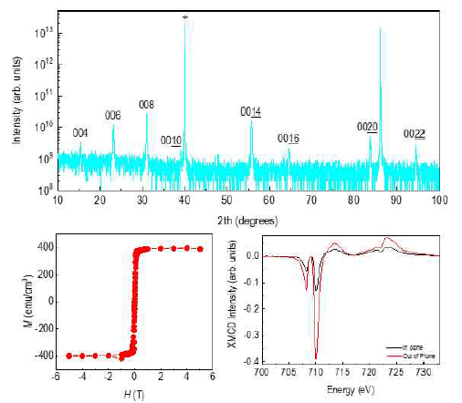 (상) 열처리된 SrFe12O19 에피텍셜 박막의 엑스선 회절 결과, (좌하) Out-of-plane 방향의 SQUID 결과, (좌우) XMCD 측정 결과