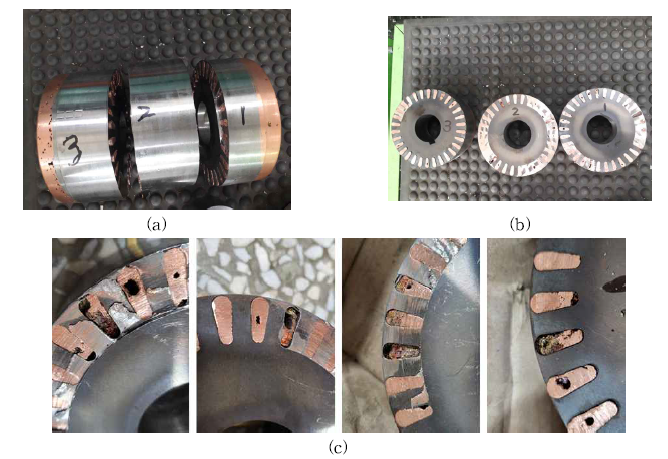 다이캐스팅 제작한 회전자의 절단, (a) 회전자의 측면 사진, (b) 회전자의 단면, (c) 구리 바 다이캐스팅 문제점