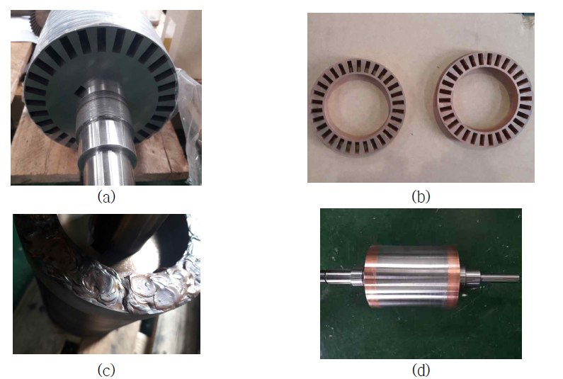 새롭게 제작되는 회전자의 제작 과정, (a) 회전자 철심 제작품, (b) 회전자의 엔드링 제작품, (c) 바와 엔드링 용접, (d) 완성된 회전자