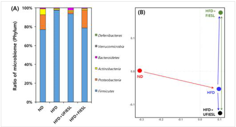 일반식이군(ND), 고지방식이군(HFD), 고지방식이+발효 전 콩잎(HFD+UFIESL) 및 고지방식이+발효 후 콩잎(HFD+FIESL) 식이군의 gut-microbiome 분포