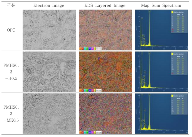 OPC 및 메카타올린 함량 여부에 따른 소수성 용액을 혼입한 시멘트 페이스트 EDS 분석 결과