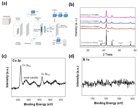 (a) 전기화학적 이산화탄소 전환반응 전해조, (b) 합성 조건별 CuB 금속촉매 XRD, XPS 원소 분석 (c) Cu 2p, (d) B 1s