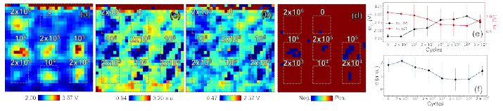 Spatial maps of (a) the coercive voltage center, (b) the internal bias voltage center, (c) the moving coefficient and (d) the spatial distribution of positive and negative values of the moving coefficient, and the mean values and deviations of (e) coercive voltage center and internal bias voltage center, and (f) the moving coefficient, of the cycled regions