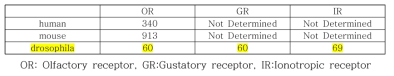 인간, 마우스 및 초파리 화학감각 수용체 유전자수의 비교(주 5)