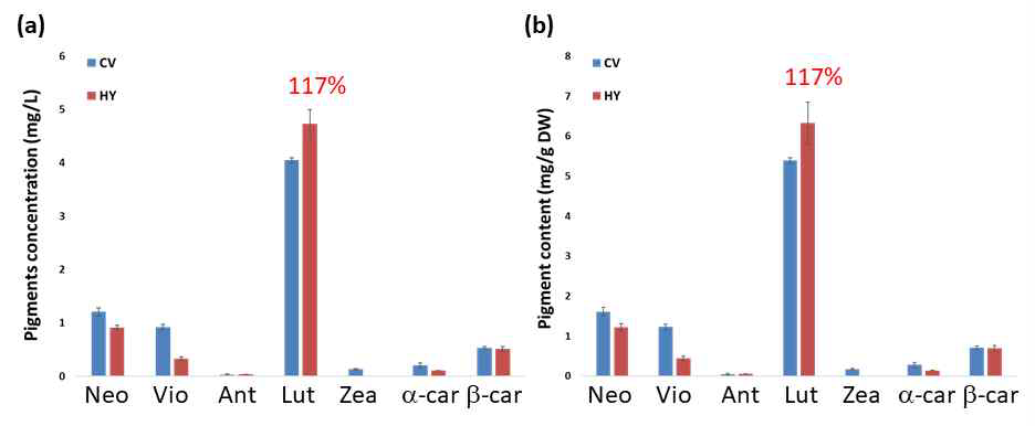 Analysis of carotenoid content between Chlorella vulgaris (Cv) and Chlorella sp. HY strain