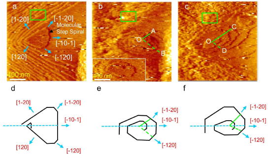 순수용액(a) 및 2μM L-(b), 2μM D-아스파르트산 6 단량체(c)를 함유한 용액 조건에서 COM결정의 (-101)면에서 성장하는 분자 스텝의 AFM이미지. (d,e,f)는 (a,b,c)에서 나타나는 분자스텝 spiral 모양을 스케메틱으로 표현한 것임. (b)의 Inset 그림을 통해 (a)에서 보이는 삼각형을 닮은 분자스텝이 L-아스파르트산 6 단량체의 영향으로 의해 분자스텝 모양이 타원형으로 바뀌게 됨을 알 수 있음
