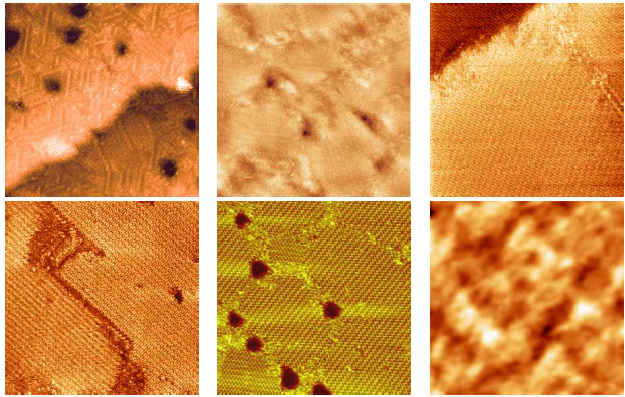 HT-SAM(30×30 nm2), OT-SAM(30×30 nm2), DT-SAM(35×35 nm2), DDT-SAM(40×40 nm2), CHT-SAM(50×50 nm2), MBT-SAM(30×30 nm2)의 STM 이미지