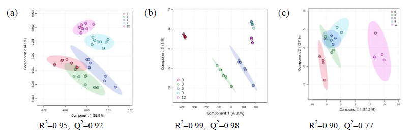 Partial least squares-discriminant analysis (PLS-DA) scores plots constructed with (a) FT-IR, (b) NIR, and (c) CSA for Katsuobushi extracts with different smoking times